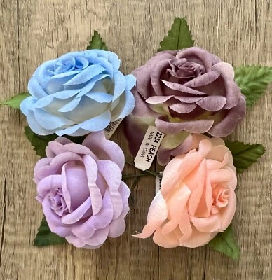 3英寸Millinery玫瑰钢丝杆2叶织物花卉帽子Boutonniere x12 — 第 1/2 张图片