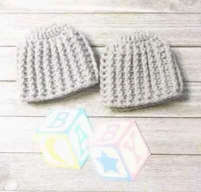 ganchillo hecho a mano sombrero prematuro bebé gemelos micro acanalado niño suave gris claro 2 piezas Foto 1 de 2