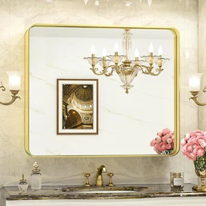 Gold Bathroom Mirror for Wall 42X36 Inch Rounded Corner Rectangle in Aluminum Al - Picture 1 of 8