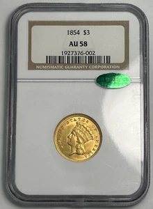 1854 $3 Gold Indian Princess NGC AU58 CAC - Nice Eye Appeal! - Picture 1 of 6
