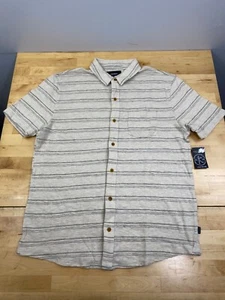 Lucky Brand Button Up Shirt Mens L Short Sleeve Linen Blend Strip 10644 - Picture 1 of 7