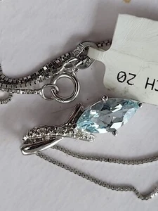 10k White Gold Necklace W/ 10k Pendant Real Diamonds & saphire or Topez (NWT) - Picture 1 of 19