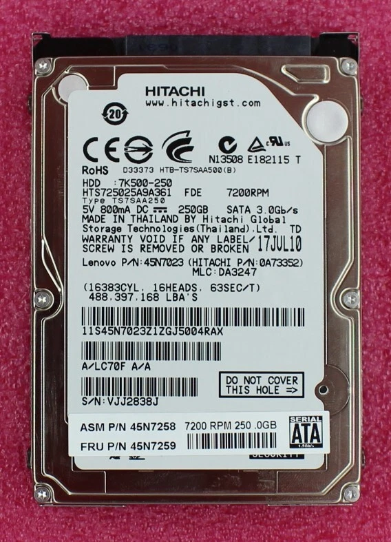 45N7259 - IBM ThinkPad 250Gb 7200rpm 2.5 inch SATA Hard Disk Drive - Image 1 of 1