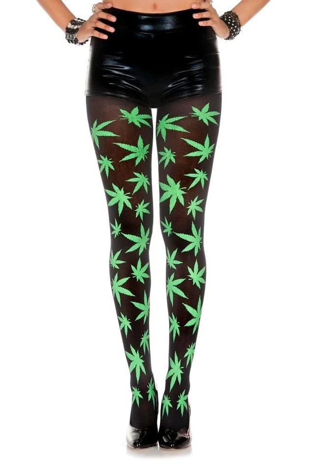 FUN sexy MUSIC LEGS weed MARIJUANA leaf PRINT opaque STOCKINGS tights PANTYHOSE - Image 1 of 1