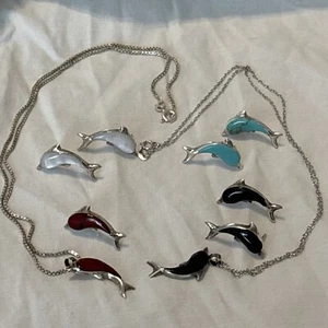 9 Pc 925 Dolphins With Stones-2 Pendant Necklaces & 3 1/2 Sets Earrings - Picture 1 of 16