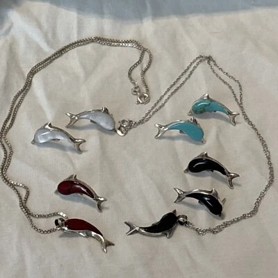 9 piezas 925 delfines con piedras-2 collares colgantes y 3 1/2 juegos de pendientes Foto 1 de 4