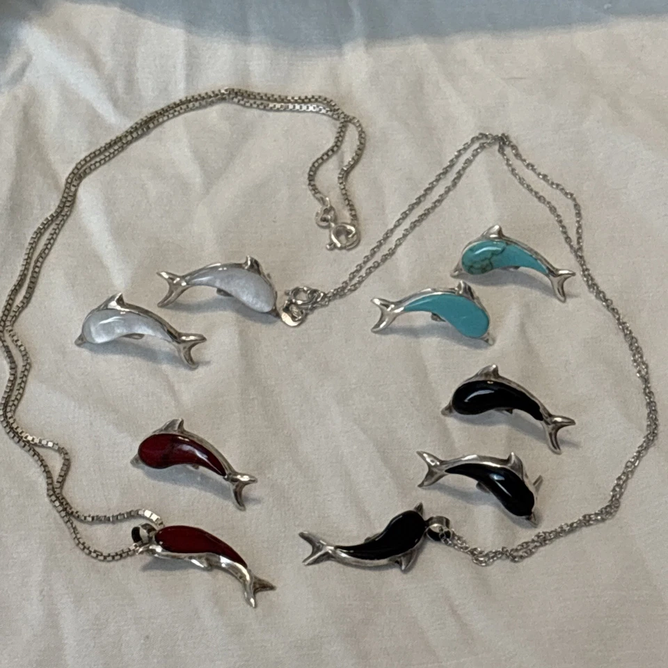 9 Pc 925 Dolphins With Stones-2 Pendant Necklaces & 3 1/2 Sets Earrings - Image 1 of 4