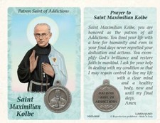 Saint St. Maximilian Kolbe with Medal & Prayer - Plastic Coated Holy Card