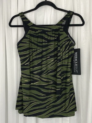Miraclesuit Size 10 Green Black Zebra Print Seabra Ursula Tankini Top New $136 - Image 1 of 4