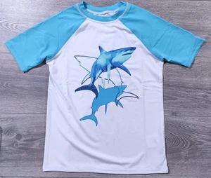 Lands End Shirt Boys Medium 8 White Shark Rash Guard Swim Shirt Kids - Picture 1 of 7