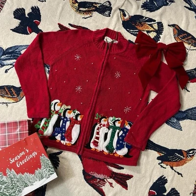 Cárdigan de vacaciones blanco ciervo Navidad pingüino bordado cremallera pequeño para mujer Foto 1 de 4