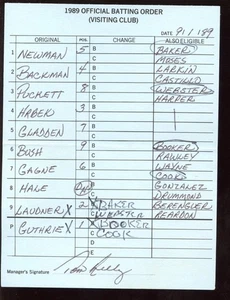 Sept 1 1989 Minnesota Twins at Toronto Dugout Line Up Card With Kirby Puckett - Picture 1 of 2