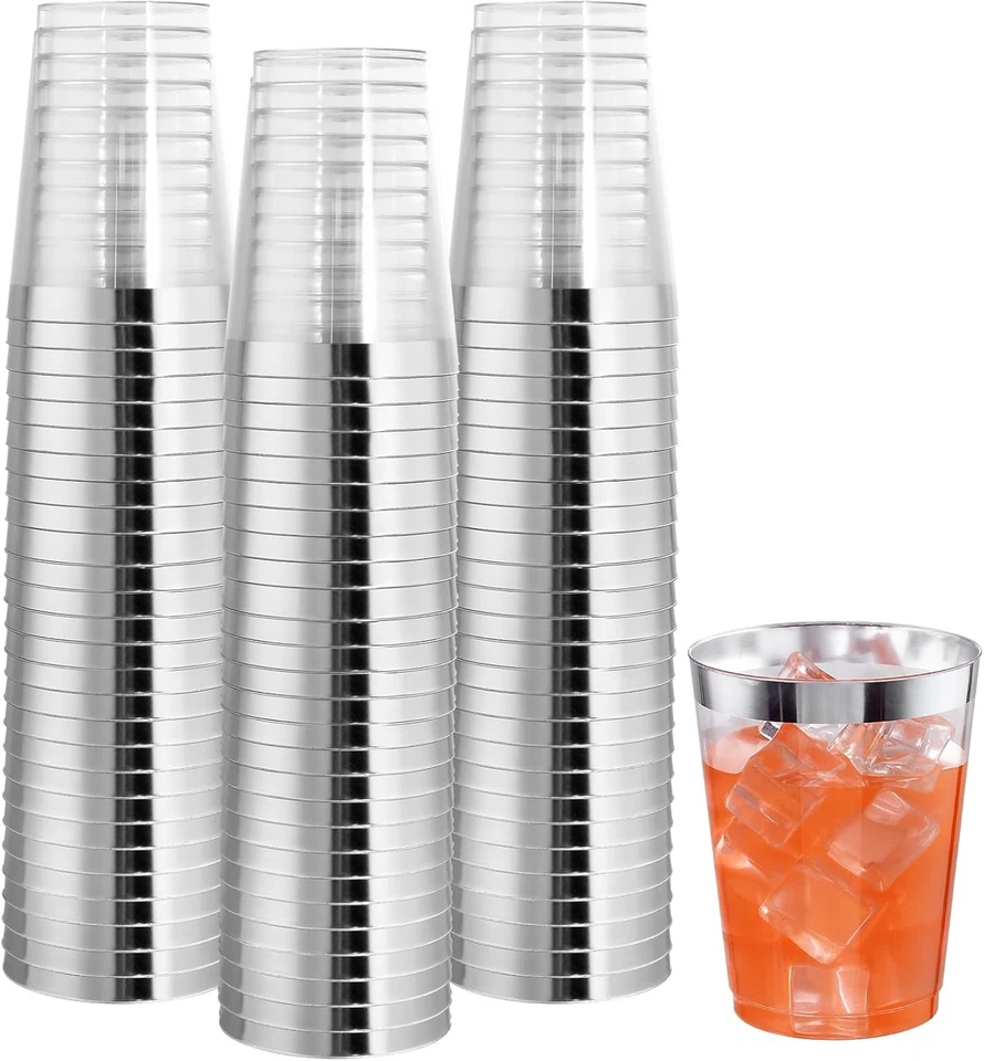 I00000 100PCS Silver Plastic Cups,10 oz Clear Plastic Cups with Silver Trim, Hea - Image 1 of 1