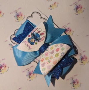 Handmade Personalised Easter Stitch Lilo And Stitch Glitter Hair Bow Clip - Picture 1 of 3