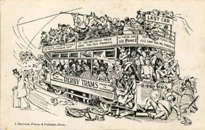PRINTED COMIC POSTCARD OF THE LAST TRAM CAR FROM DERBY, DERBYSHIRE - Picture 1 of 2