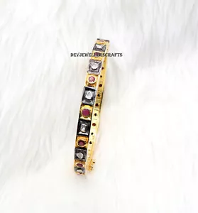 Elegant Ruby Gemstone & Rose Cut Polki 925 Sterling Silver Gold Plated Bangle - Picture 1 of 6