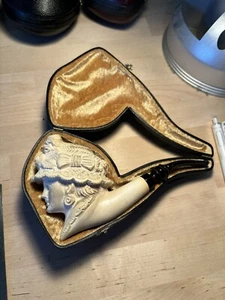 Genuine Block Meerschaum Large Bent Billiard Carved Victorian Lady W/ Case - Picture 1 of 19