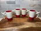 Bird On The Handle Coffee Mugs 10oz. Hand Painted Red And White Set Of 4 10oz
