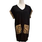 Umgee Black Linen with Animal Print Pockets and Side Buttons Shift Dress Size M