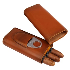 New Three-Finger Portable Cigar Humidor Brown And Black Two Choices Cowhide Mate - Picture 1 of 14