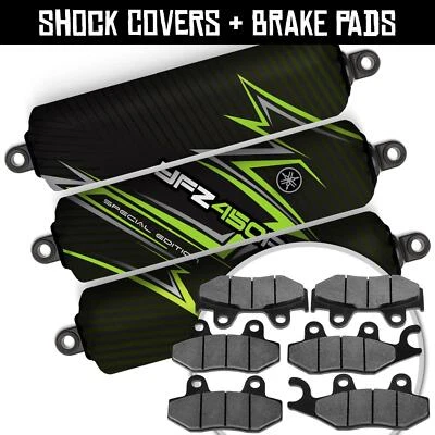 Cubiertas de amortiguador delanteras + traseras verdes + pastillas de freno para Yamaha YFZ450 R [06-11] [2014-2024] Foto 1 de 4