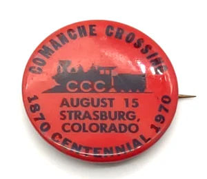 De colección 1970 Ferrocarril Commache Cruce Centenario Rojo Negro Tren Botón Retroceso - Imagen 1 de 4