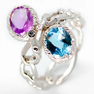 925 Sterling Silver one of a kind Ring Natural Blue Topaz and Amethsyt / RVS25 - Picture 1 of 7