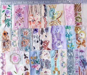 VERY RARE LOT Vintage Sari TRIM LACE 20 Pc BEADS SEQUINs PASTEL 2"to4" GA61 A5 - Picture 1 of 5