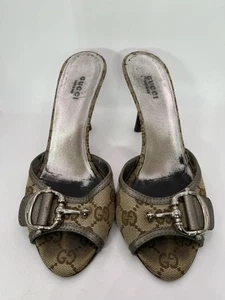Gucci GG Monogram Canvas Heels Silver Buckle Sz 37 Women’s Silver / Brown Beige - Picture 1 of 18