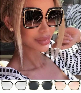 BLACK OVERSIZED LADIES WOMEN SUNGLASSES DESIGNER BIG FRAME RETRO VINTAGE - Picture 1 of 5