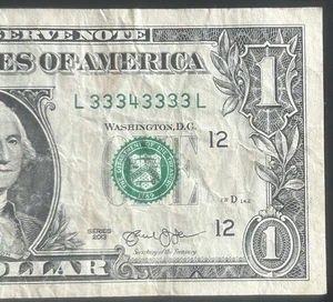 (NEAR SOLID!!) $1 Binary Near Solid 7 Of A Kind Fancy Serial Number L33343333L - Picture 1 of 3