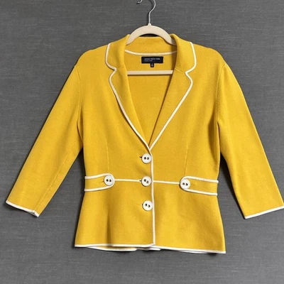 Jones NY Sweater Blazer Medium Yellow White Knit Jacket Cardigan Career Colorful - Image 1 of 4