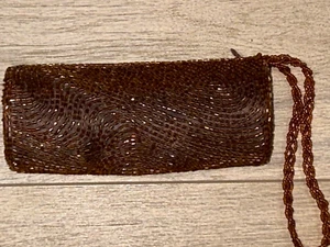 Vintage Bijoux Terner Beaded Root Beer Brown Evening Bag Clutch Wristlet Small - Picture 1 of 3