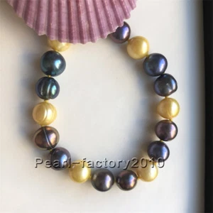 new natural 11-10MM SOUTH SEA black & golden PEARL BRACELET 14K CLASP Baroque - Picture 1 of 4
