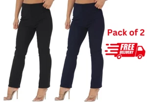 2 PACK WOMENS BOOTLEG TROUSERS LADIES BOOTCUT STRETCHY FABRIC WORK BOTTOMS - Picture 1 of 9