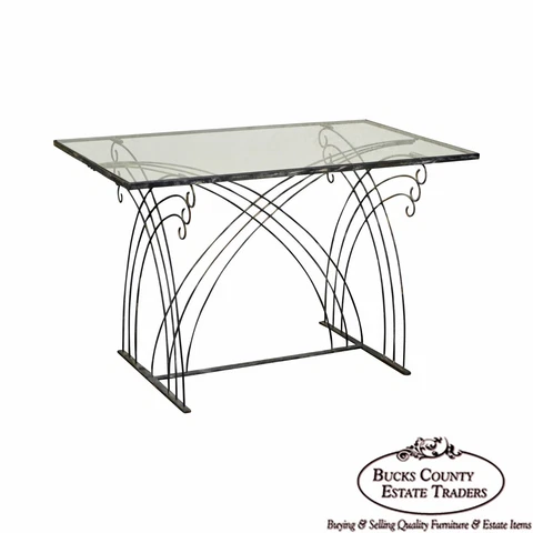 Art Deco Vintage Studio Wrought Iron Glass Top Patio Console Table Cover