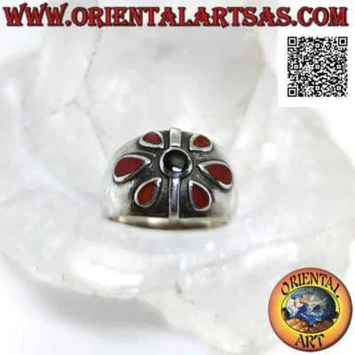 Anello in Argento 925‰ fascia crescente con fiore di petali di corniola e centro - Immagine 1 di 4