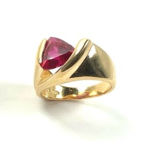 Yellow Gold Vermeil Sterling Modernist Ring w/ Trillion Simulated Ruby, US 7.5