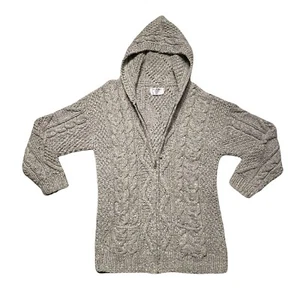 Vintage Unisex Large Grey 100% Wool Chunky Cable Knit Hooded Sweater Fisherman - Picture 1 of 7