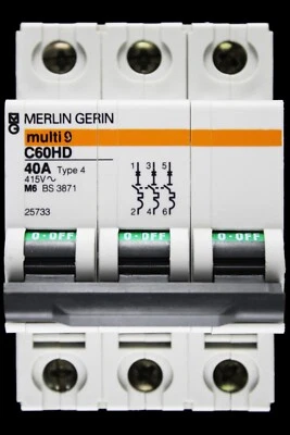 MERLIN GERIN 40 AMP TYPE 4 M6 TRIPLE POLE MCB CIRCUIT BREAKER C60HD 25733 MULTI9 - Image 1 of 4