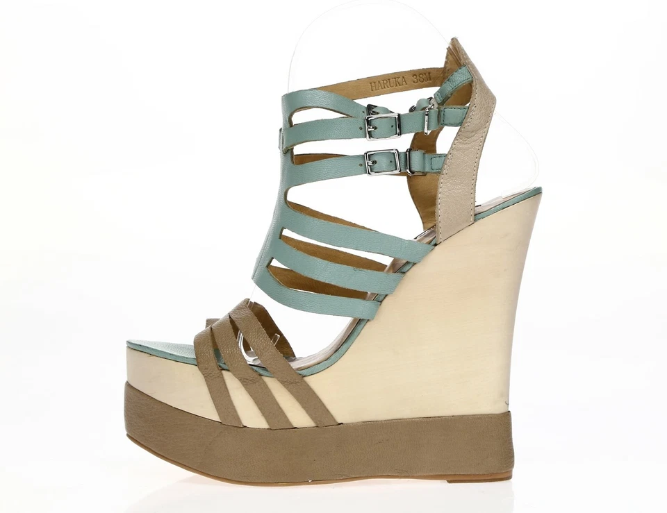 Sandalias de tacón MATIKO para mujer color topo cuero menta hebilla cuña correa al tobillo talla 38 Foto 1 de 4