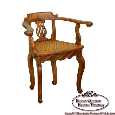 Anglo Indian Solid Padauk Wood Carved Lyre Back Cane Seat Arm Chair Cover