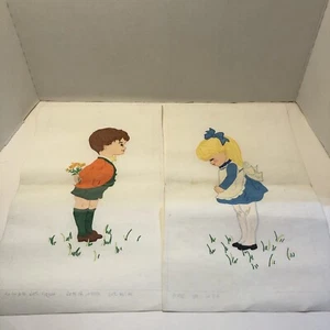 2 Completed Artex Painted Pictures Girl Boy 9" x 16" Pellon - Picture 1 of 9