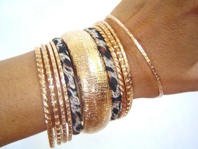 New BEBE in dark Gold Animal Rhinestones 11PC Bangle Set Bracelet - Image 1 of 1