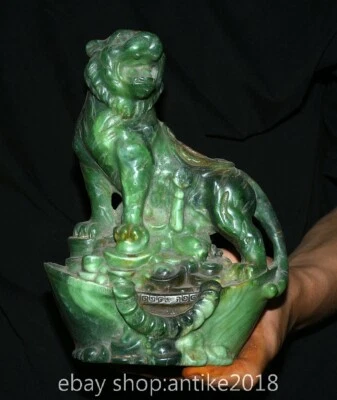 Estatua Riqueza 8.8" Chino Verde Jade Tallado Fengshui 12 Zodiaco Tigre Yuanbao Foto 1 de 4