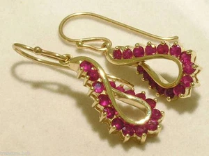 s E046 Genuine 9K Yellow Gold NATURAL RUBY DROP Earrings Swirl Paisley Dangles - Picture 1 of 3