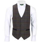 New Men?s Waistcoat Retro Oak Brown Tweed Herringbone Check Vintage Smart Casual
