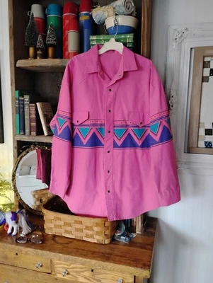 Vintage Pink Canvas Wrangler Brushpopper Southwestern Pearl Snap Shirt Aztec 3XL - Image 1 of 4