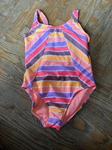 Girls Orange Striped Swim Suit Size L 10/12 - Picture 1 of 3