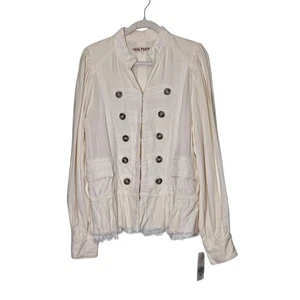 Free People NWT Military Jacket Button Up Crochet Trim White Size M Boho Chic - Picture 1 of 11